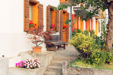 Beluno, Italy August 9, 2018: Auronzo di Cadore mountain village. Houses on the mountains.
