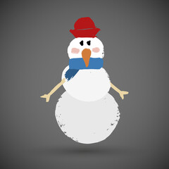 Christmas postcard with snowman hand-drawn brush character with hat with scarf. Cute Adorable Children Illustration. Merry Christmas and New Year concept. Doodle Cartoon Grunge Style.