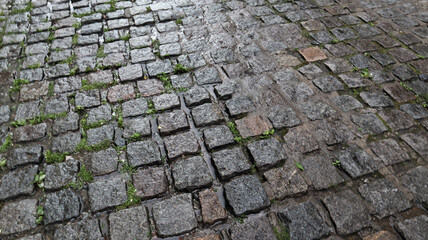 A wet sidewalk creates a shiny backdrop. Beautiful gray stone background. Stone road, paving stones in the old town during the rain during the daytime.