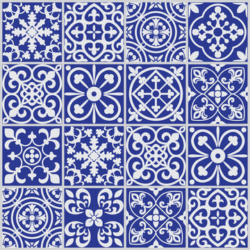 Floral texture on indigo blue. Geometric Ceramic Design Tile. Vintage Illustration background.