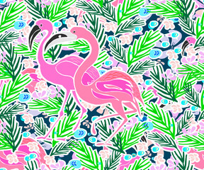 Tropical background with pink flamingo, exotic flowers and palm leaves. Vector seamless pattern for pareo, pillow, home textile design, shawl print, textile, covers.