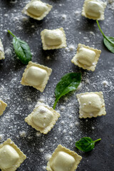 Uncooked homemade ravioli with leaf of spinach and flour at dark background pattern