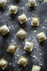 Uncooked homemade ravioli with leaf of spinach and flour at dark background pattern