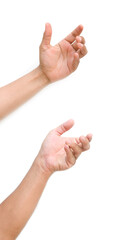  a hand holding something like a bottle or smartphone on white backgrounds, isolated