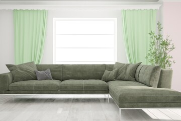 modern room with sofa,curtains and plant interior design. 3D illustration