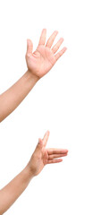  a hand holding something like a bottle or smartphone on white backgrounds, isolated