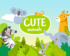 Cute animals. Animals of the jungle, frame. Template Poster with zoo animals. Cute jungle animals cartoon illustration.