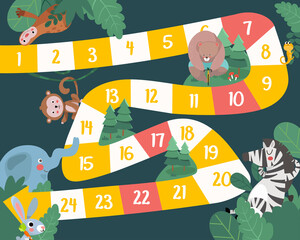 Vector flat style illustration of kids animals board game. For print. Cute Animal Theme.