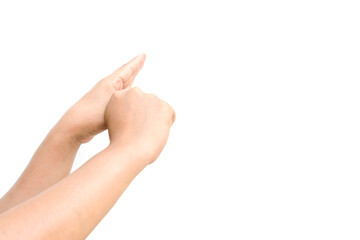 Naklejka premium a hand holding something like a bottle or smartphone on white backgrounds, isolated