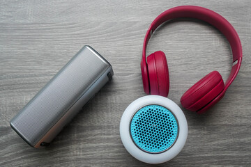 close up cute pink wireless headphone with bluetooth speaker lighting function for music connections