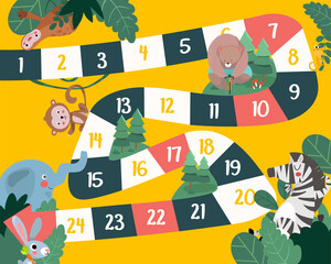 Vector flat style illustration of kids animals board game. For print. Cute Animal Theme.