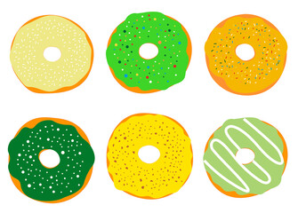 Set of green and yellow donuts with chocolate icing and crumbs food vector illustration.