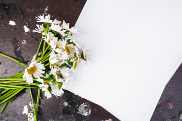 White blank sheet and a bouquet of daisies on a wooden background. The concept of cleanliness, perfume, skin care