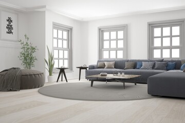 modern room with sofa,pillows,table,pouf,plaidinterior design. 3D illustration