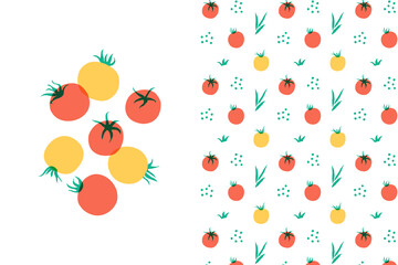 Tomato flat elements and seamless pattern set.  Simple colorful graphic for  supermarket, kitchen, menu decor