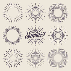 Vintage sunburst collection. Bursting sun rays. Fireworks. Logotype or lettering design element. Radial sunset beams. Vector illustration.
