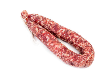 handmade homemade sausage on a white background. Pork or beef sausage. delicious aromatic sausage