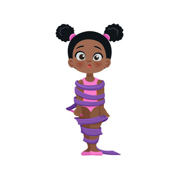 Vector sticker of cute cartoon African gymnast in rhythmic gymnastics competitions, athlete in training, children's sports school, isolated on a white background, eps 10