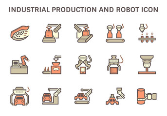 Industrial production icon such as robot, production line, box packaging and other vector icon set design.