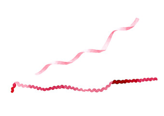 Watercolour illustration of waving pink color ribbons. Hand drawn graphic painting on white backdrop, isolated element for design.