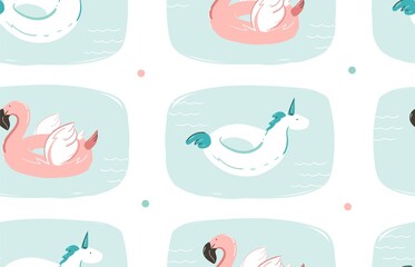 Hand drawn vector abstract summer time fun seamless pattern with pink flamingo float and unicorn swimming pool buoy circle isolated on white background.
