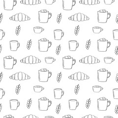 Seamless pattern vector illustration of hot chocolate, a croissant and a sprig of currant, hand drawing