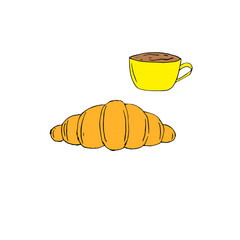 Breakfast, cappuccino and croissant, vector illustration, hand drawing, in color