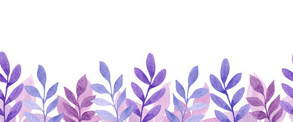 Hand drawn watecolor seamless pattern with pink, purple, violet and blue twigs and leaves. Good texture for textile, printed production, banners design. Lovely, delicate design.
