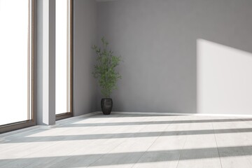 modern empty room with plants and big brown windows with white background interior design. 3D illustration