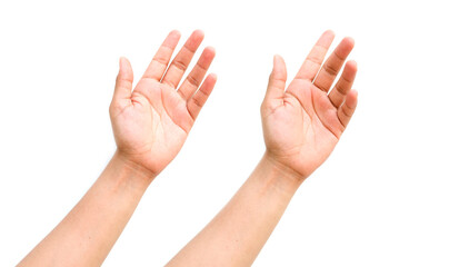  a hand holding something like a bottle or smartphone on white backgrounds, isolated