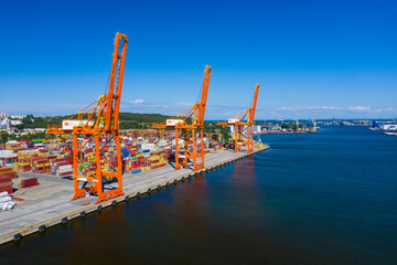 Gdynia Port Aerial View. Baltic Container Terminal in Gdynia Harbour from Above. Pomeranian...