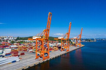 Gdynia Port Aerial View. Baltic Container Terminal in Gdynia Harbour from Above. Pomeranian Voivodeship, Poland.