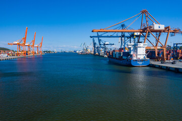 Gdynia Port Aerial View. Baltic Container Terminal in Gdynia Harbour from Above. Pomeranian Voivodeship, Poland.