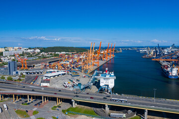 Gdynia Port Aerial View. Baltic Container Terminal in Gdynia Harbour from Above. Pomeranian...