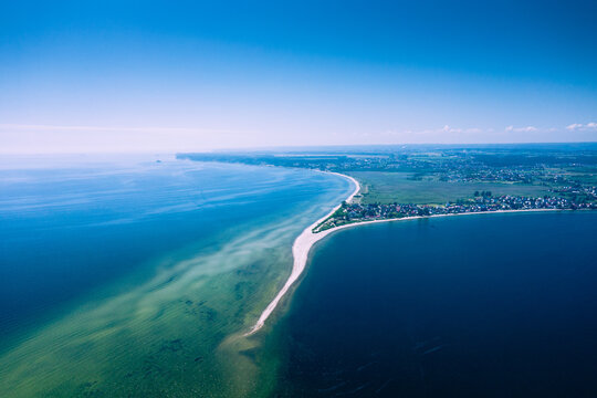 Rewa, Poland. Aerial view of Isthmus Rewski in summer at the Baltic Sea in Rewa, Pomeranian voivodship, Poland.