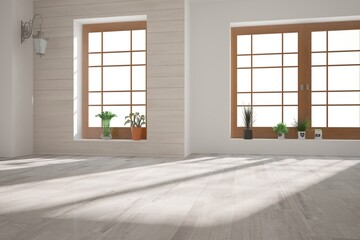 modern empty room with plants,lamp and white background in windows interior design. 3D illustration