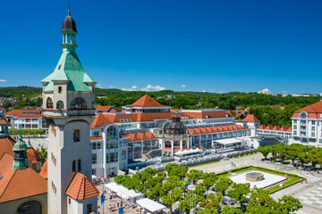 Sopot Aerial View. Beautiful architecture of Sopot resort from above. Wooden pier (molo) and Gulf...