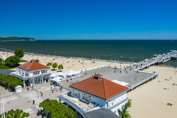 Sopot Aerial View. Sopot resort in Poland. Wooden pier (molo) with marina and yachts. Sopot is major tourist destination in Poland.