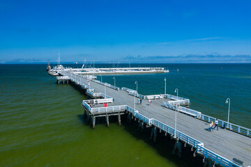 Sopot Aerial View. Sopot resort in Poland. Wooden pier (molo) with marina and yachts. Sopot is major tourist destination in Poland.