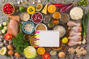 concept diet and balanced nutrition. Set of various products on a gray concrete background, top view