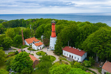 Aerial view of lighthouse in the small village of Rozewie on the Polish seashore of the Baltic Sea....