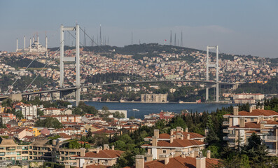 Istanbul, Turkey - completed in 1973 and one of the main landmarks in Istanbul, the 15 July Martyrs Bridge connects Europe and Asia. Here in particular the suspension bridge structure