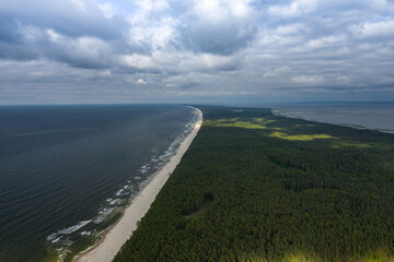 Aerial view of Vistula Split. Mierzeja Wislana Landscape Park. Photo made from above by drone.
