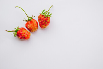 Close up picture of strawberries on left side with green leaves, as copy space composition. Flat lay picture with summer concept and seasonal berries. Natural wallpaper of small fruits.