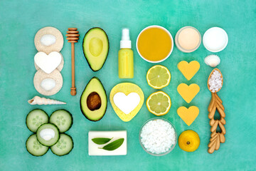 Skincare anti ageing beauty treatment with lemon, cucumber and avocado, with spa moisturising, ex...