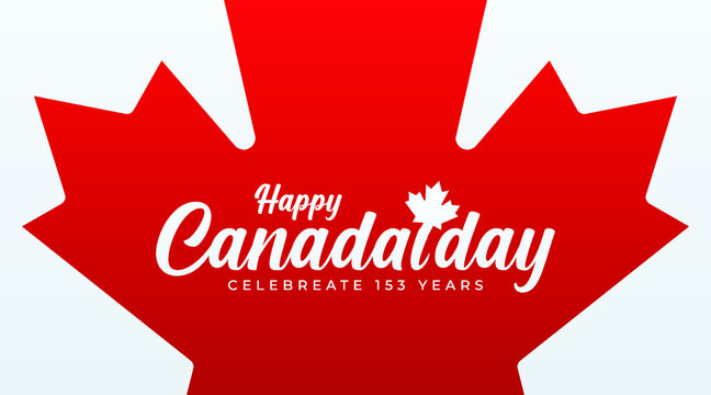 Happy Canada day modern and creative banner, sign, cover, greeting card, design concept with white text and a red Canadian maple leaf on a red and white background. 
