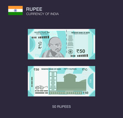 Currency of India. Flat vector illustration of indian fifty rupees.	
