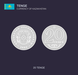 Currency of Kazakhstan. Flat vector illustration of Kazakh coin 20 tenge. Silver colored twenty tenge.