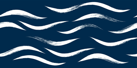 Seamless Wave Pattern, Hand drawn water sea modern vector background. Wavy beach brush stroke, curly grunge paint lines, watercolor illustration