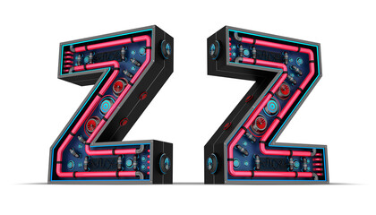 Black alphabet with Red and blue Neon light 3d rendering illustration with clipping paths.